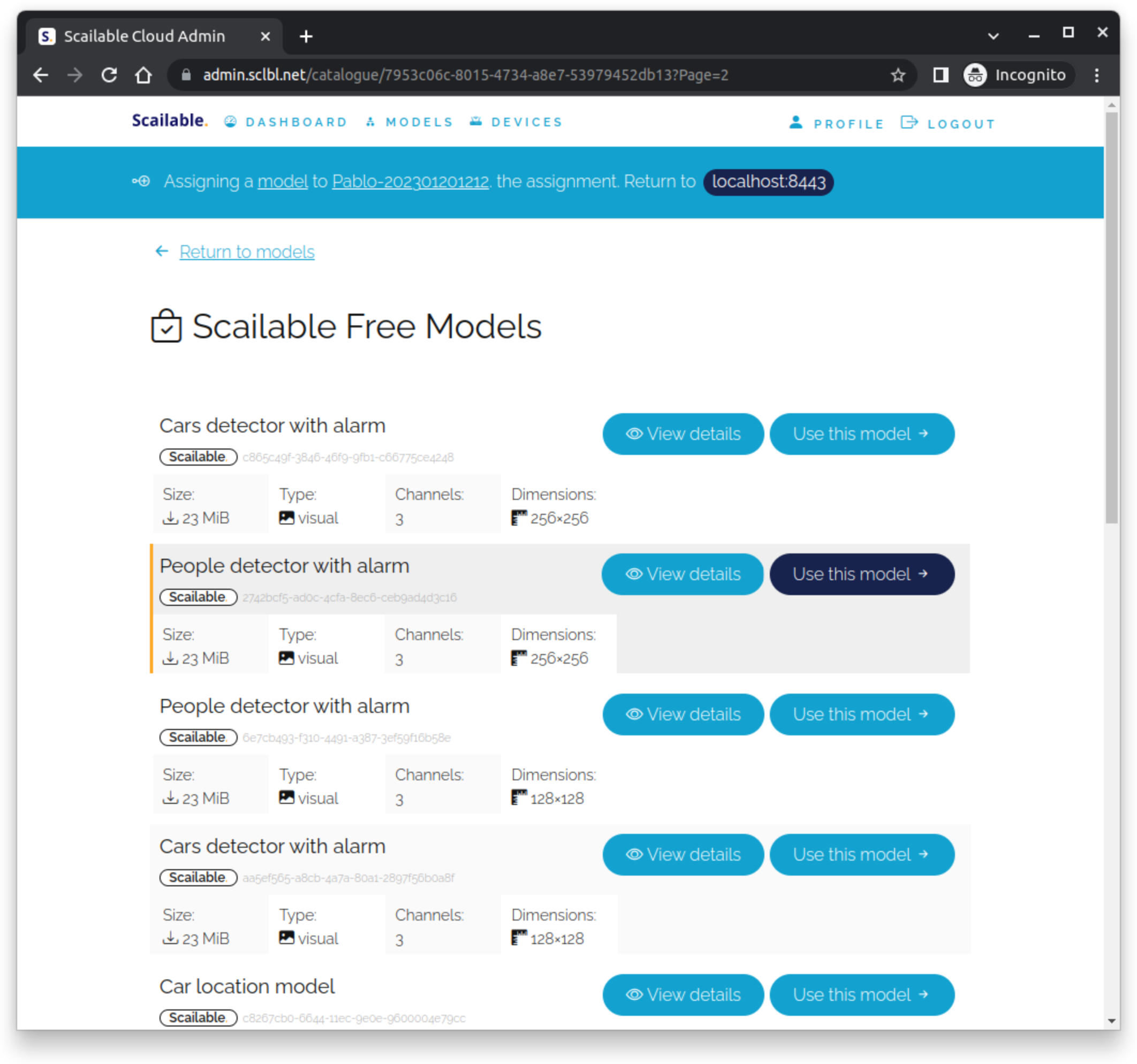 Screenshot of the model selection page with the suitable models